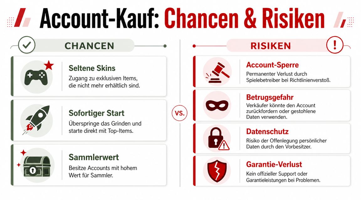 Eine Infografik mit den Chancen und Risiken beim Kauf von Gaming-Accounts in deutscher Sprache dargestellt.