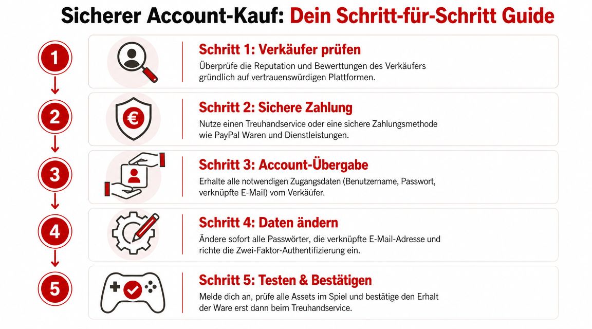 Eine Infografik mit fünf Schritten für den sicheren Kauf von Gaming-Accounts zur Vermeidung von Betrug.