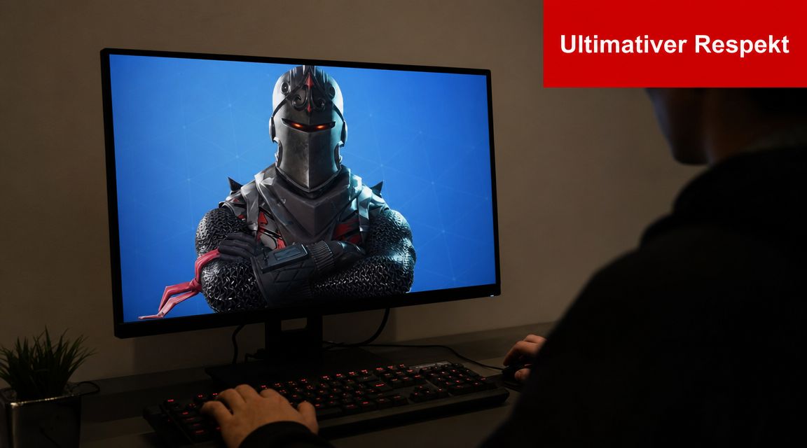 Ein Spieler sitzt vor einem Monitor, auf dem der Fortnite Black Knight Charakter zu sehen ist.