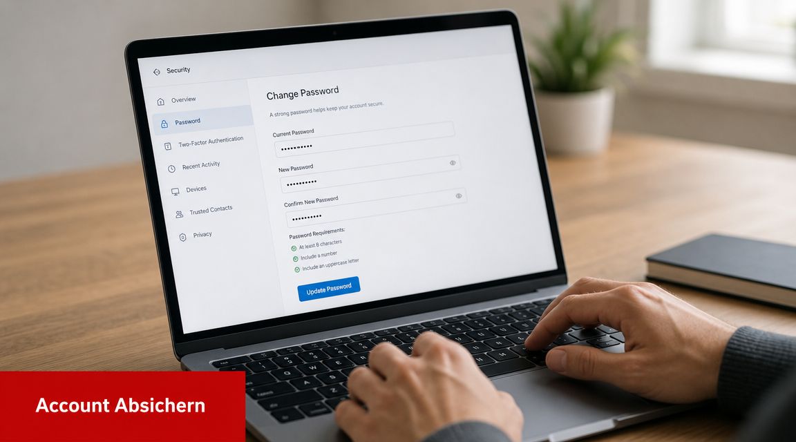 Eine Person sitzt an einem Laptop und ändert das Passwort in den Sicherheitseinstellungen ihres Online-Benutzerkontos.