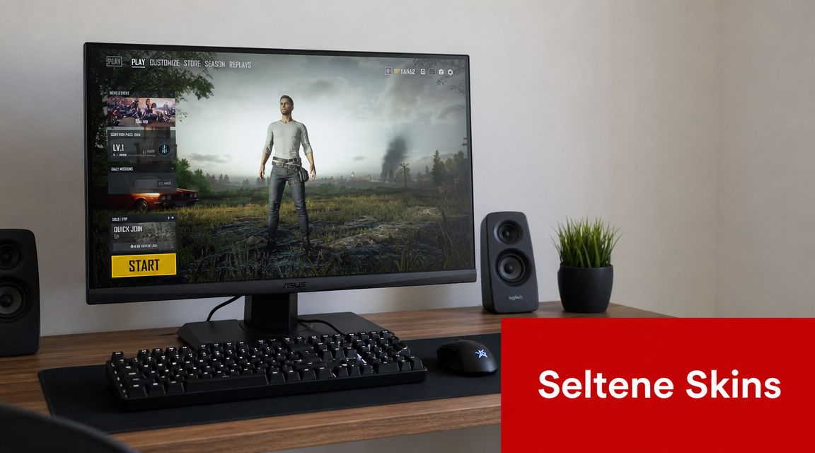 Ein moderner Gaming-Schreibtisch mit einem Asus-Monitor, der das Hauptmenü des beliebten Battle-Royale-Spiels PUBG anzeigt.