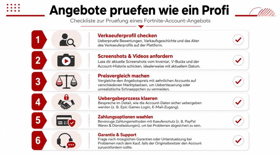 Eine Checkliste in sechs Schritten zur sicheren Prüfung und Bewertung eines Fortnite-Account-Angebots vor dem Kauf.