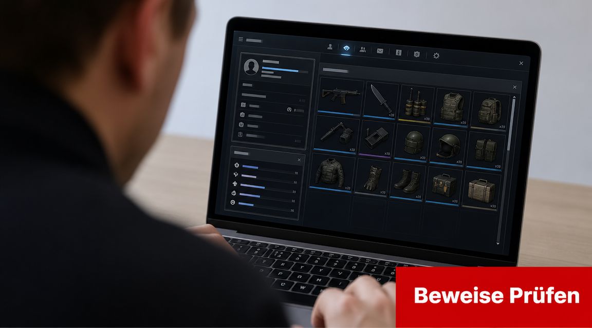 Ein Spieler betrachtet sein Inventar und seine Ausrüstung auf einem Laptop-Bildschirm in einer digitalen Gaming-Umgebung.