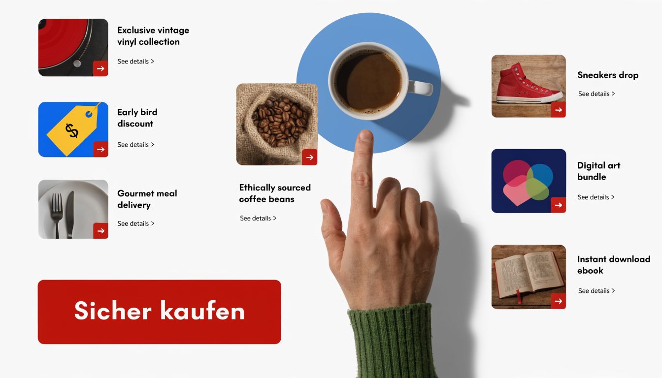 Eine Hand tippt auf eine Kaffeetasse umgeben von digitalen Kaufangeboten wie Schuhen, Büchern und Musik auf weißem Hintergrund.