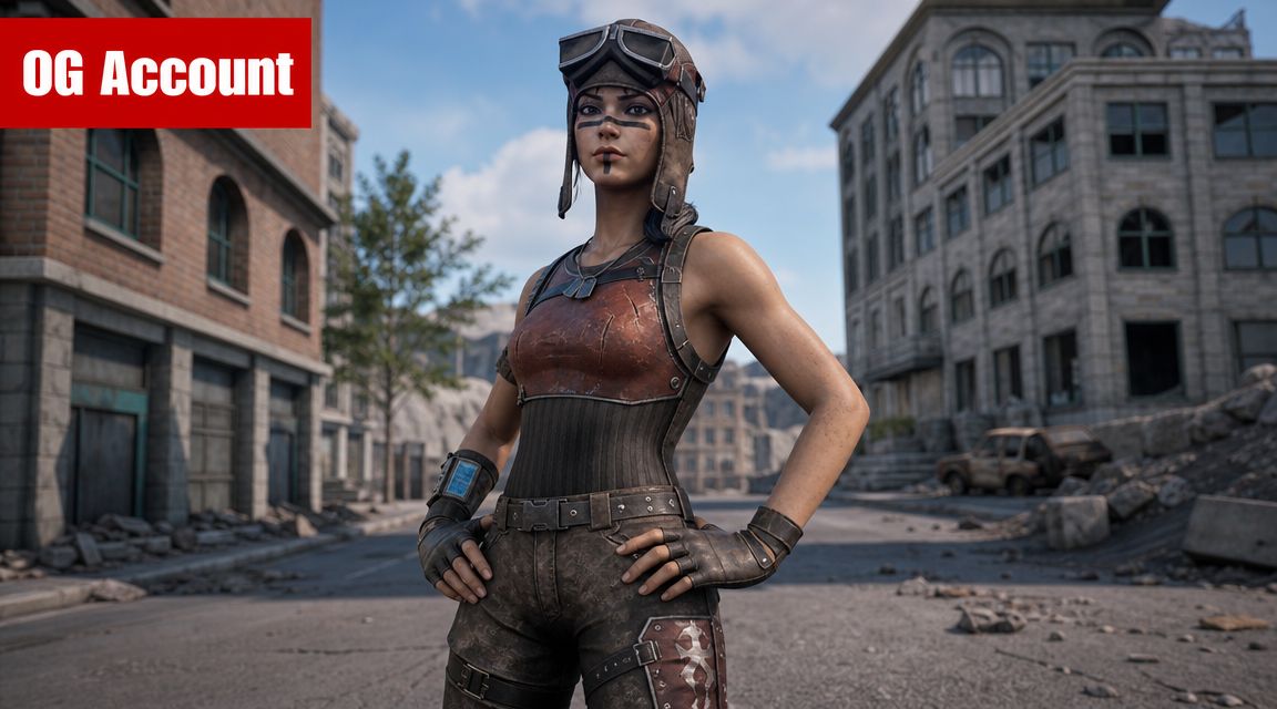 Ein hochauflösendes Bild der Renegade Raider Spielcharakter-Figur in einer postapokalyptischen städtischen Umgebung.