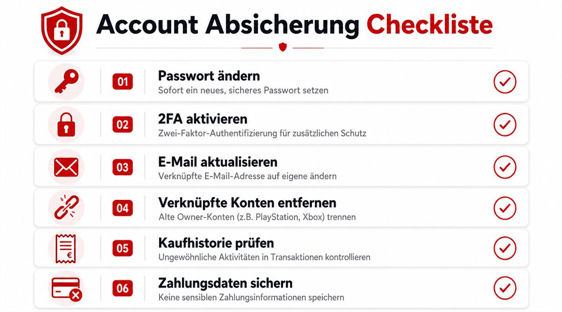 Eine Checkliste zur Absicherung von Online-Konten mit sechs wichtigen Schritten wie Passwortänderung und Zwei-Faktor-Authentifizierung.