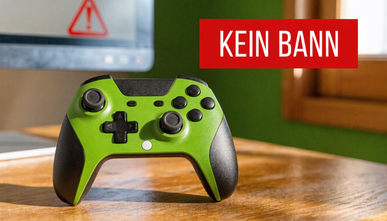 Ein grüner Gaming-Controller auf einem Holztisch vor einem Monitor mit einer Warnmeldung und rotem Textbann.