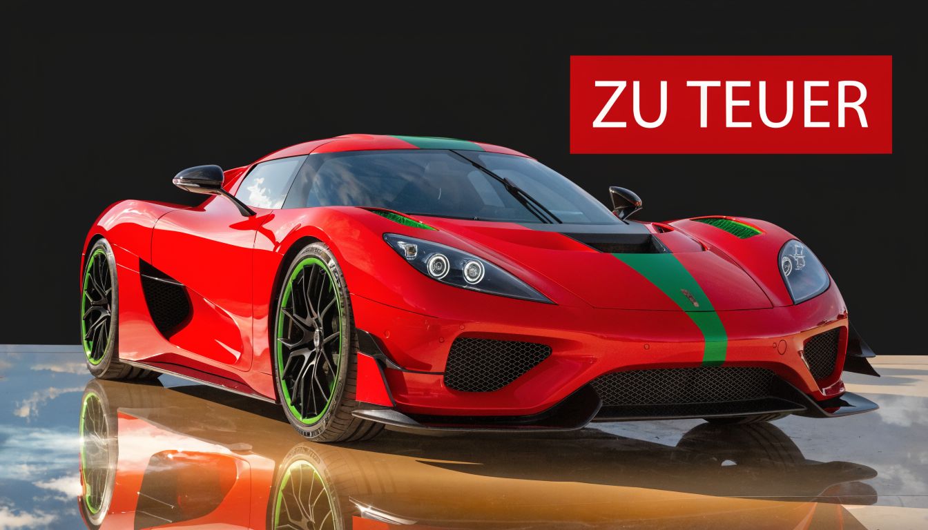 Ein roter Koenigsegg Agera RS Sportwagen auf einer spiegelnden Fläche mit dem deutschen Text ZU TEUER.