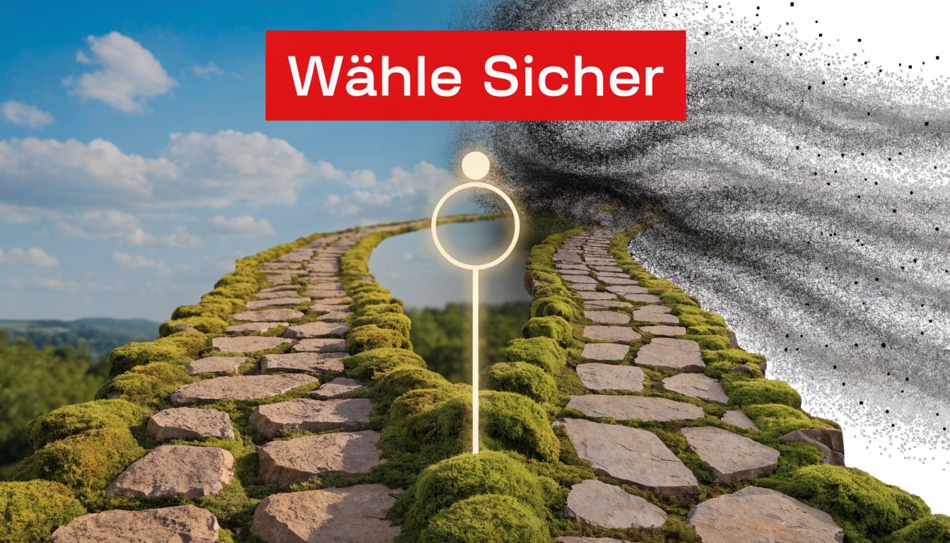 Zwei Steinwege führen in unterschiedliche Richtungen, einer in eine klare Landschaft und einer in den Abgrund.