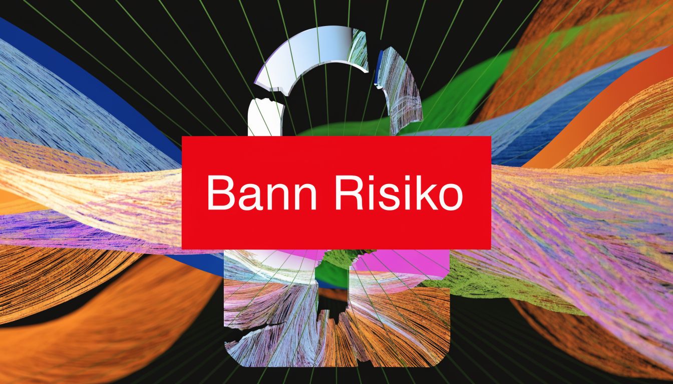 Ein abstraktes, buntes Design zeigt ein zerbrochenes Vorhängeschloss mit dem Text Bann Risiko auf rotem Hintergrund.