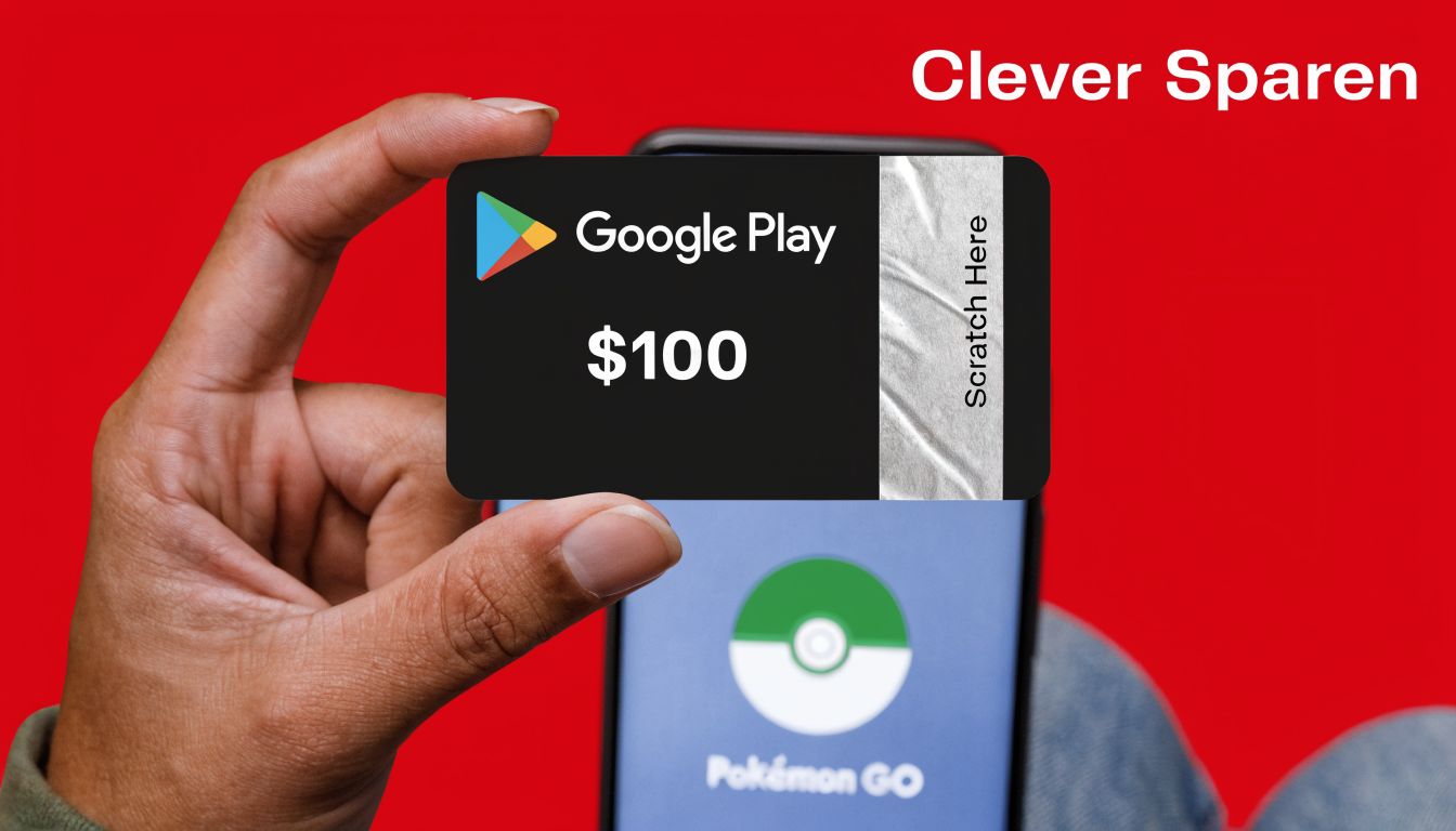 Eine Hand hält eine 100-Dollar Google Play Geschenkkarte vor einem Smartphone mit der Pokémon GO App.