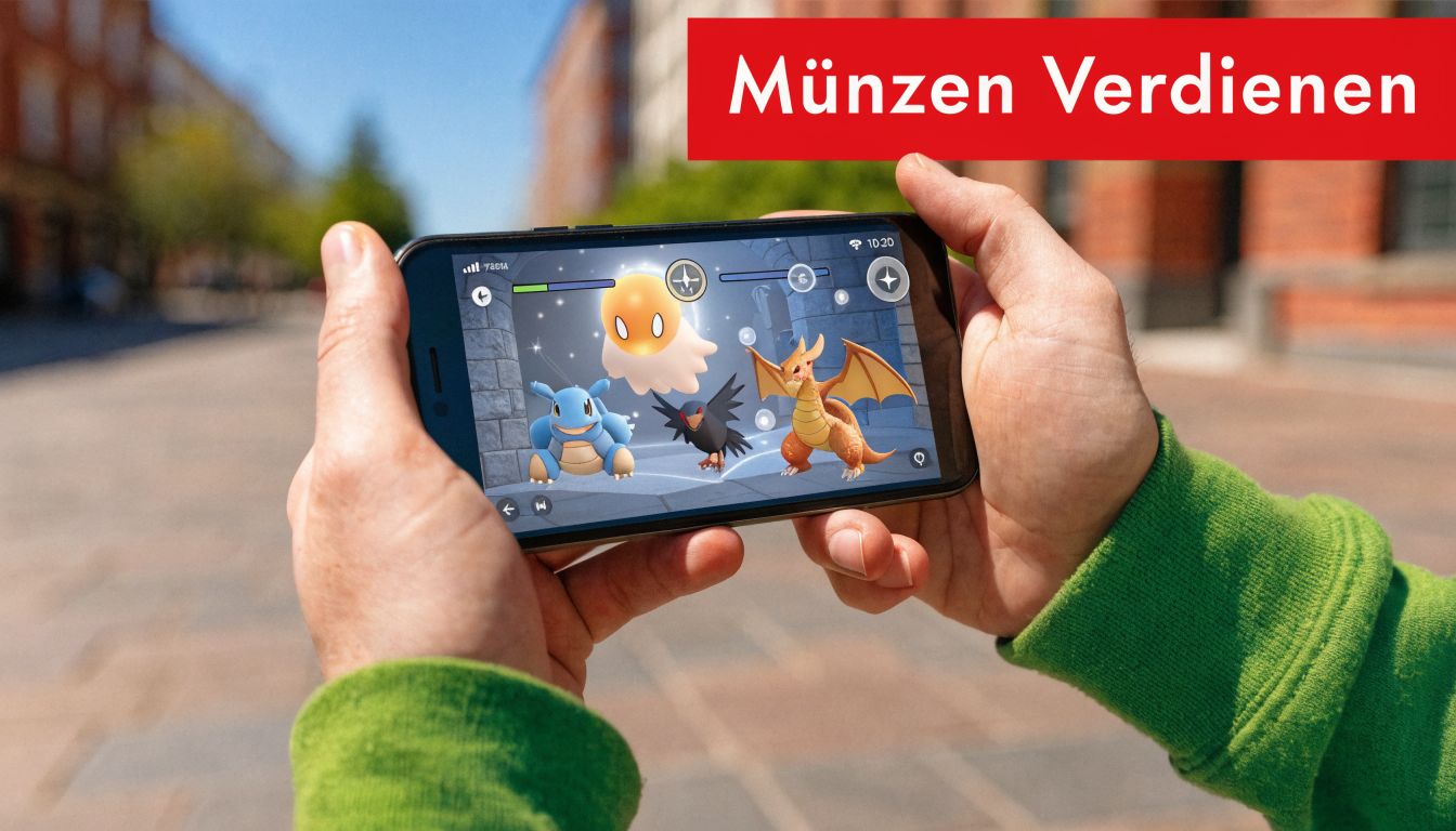 Ein Paar Hände hält ein Smartphone, auf dem das Spiel Pokémon GO in einer Kampfarena zu sehen ist.