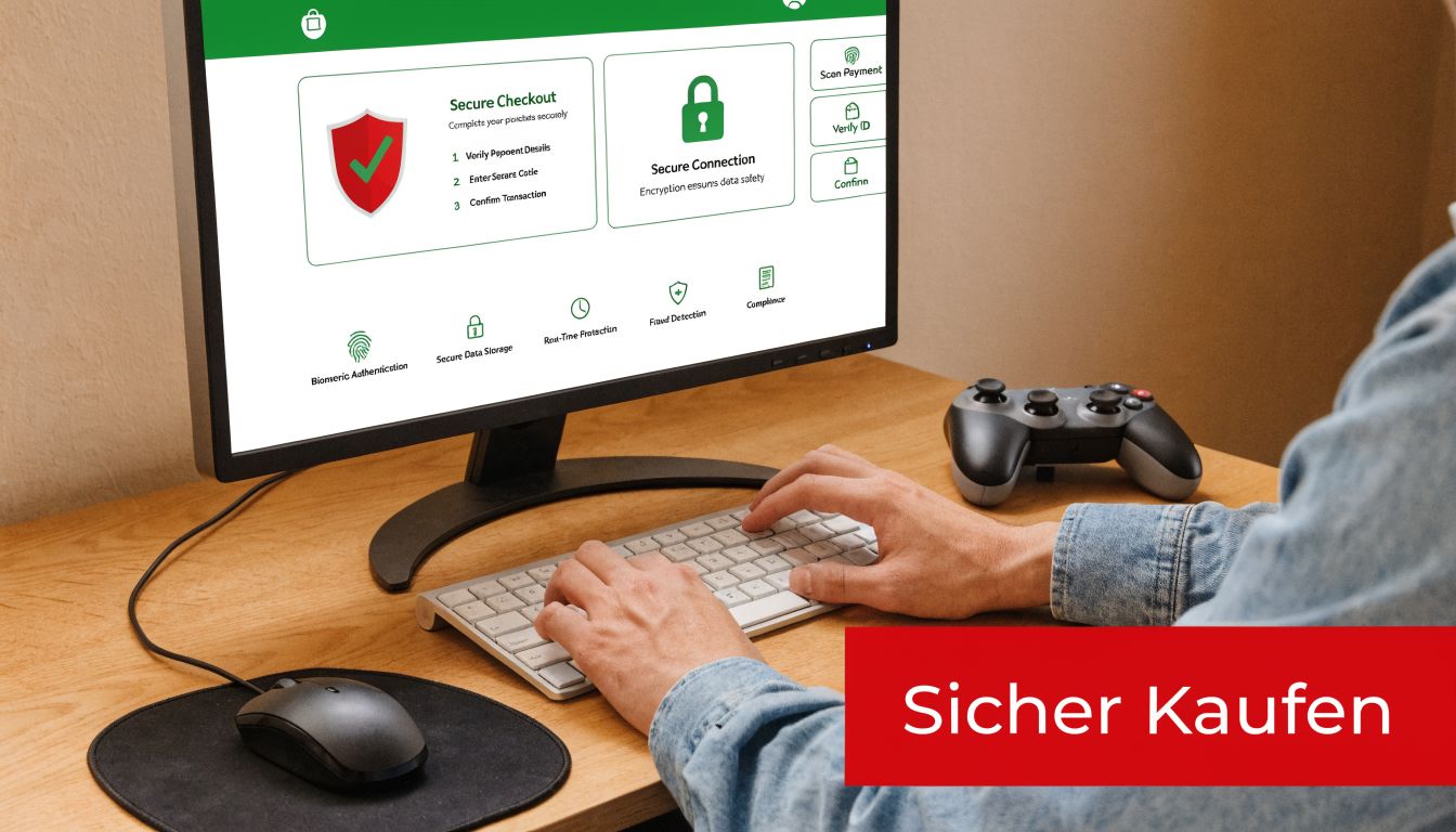 Ein Nutzer sitzt an einem Schreibtisch vor einem Computerbildschirm mit einer Sicherheitsübersicht für sichere Online-Zahlungen.