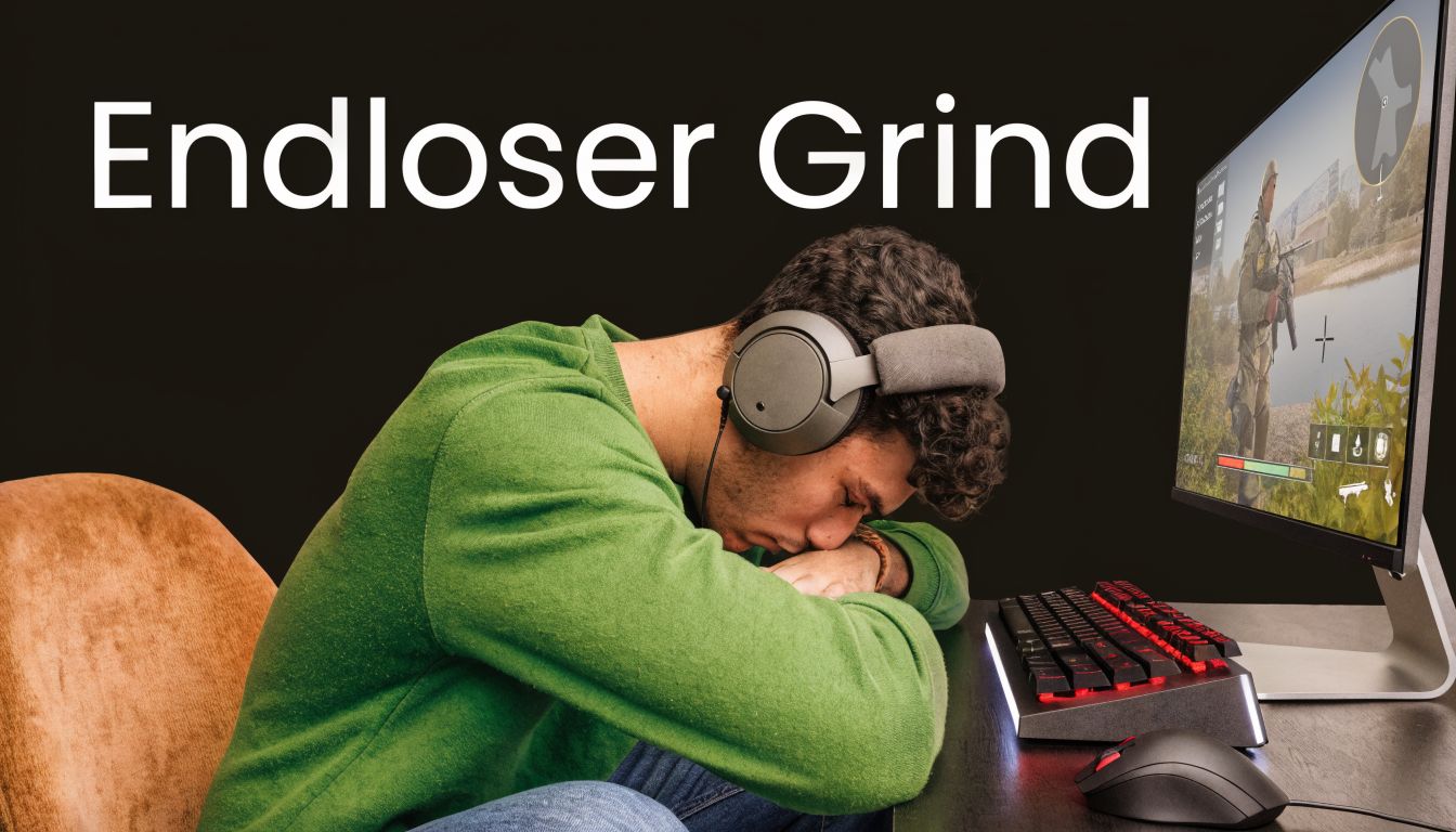 Ein erschöpfter Spieler mit Kopfhörern schläft während einer langen Gaming-Session vor seinem Computerbildschirm am Schreibtisch ein.