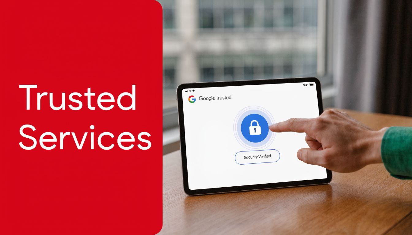 Eine Hand berührt einen Tablet-Bildschirm, der den Status 'Security Verified' mit einem Google Trusted-Logo anzeigt.