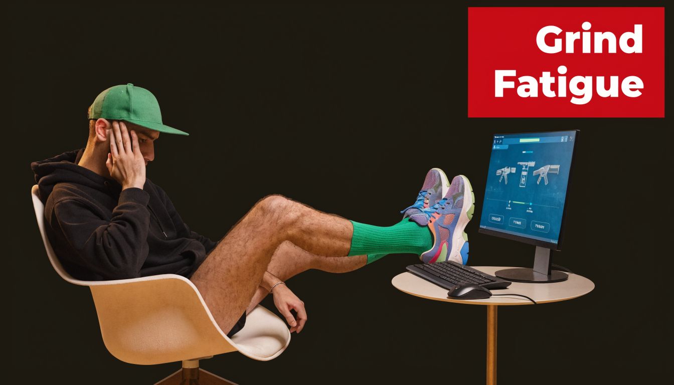 Ein erschöpfter Gamer sitzt in einem Stuhl und stützt müde seinen Kopf vor einem Computerbildschirm ab.