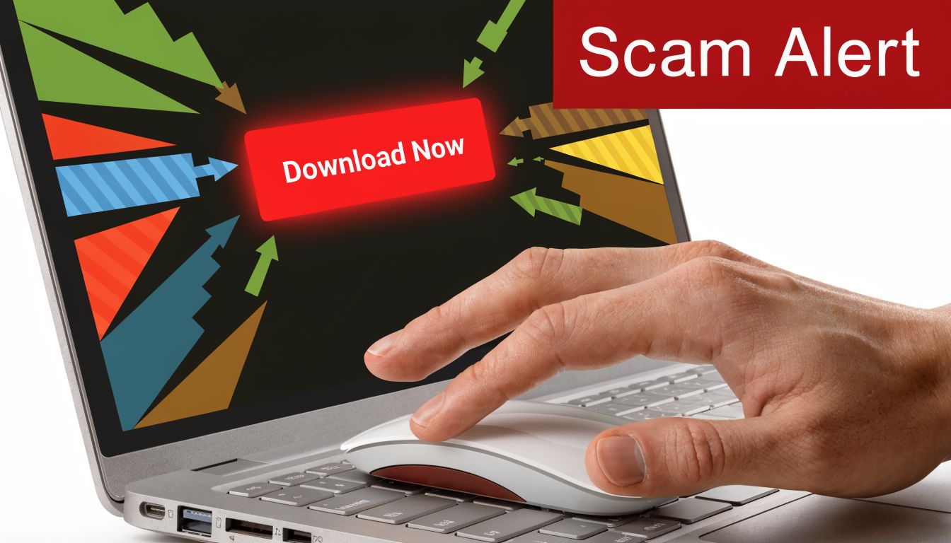 Eine Hand steuert eine Computermaus, während auf dem Bildschirm ein betrügerischer Download-Button angezeigt wird.