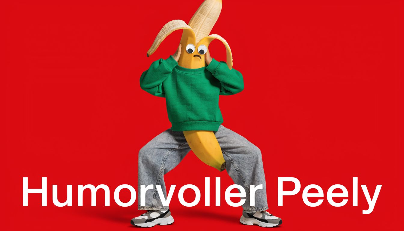 Eine humorvolle Banane mit Kulleraugen, die ein grünes Sweatshirt und weite Jeans vor rotem Hintergrund trägt.