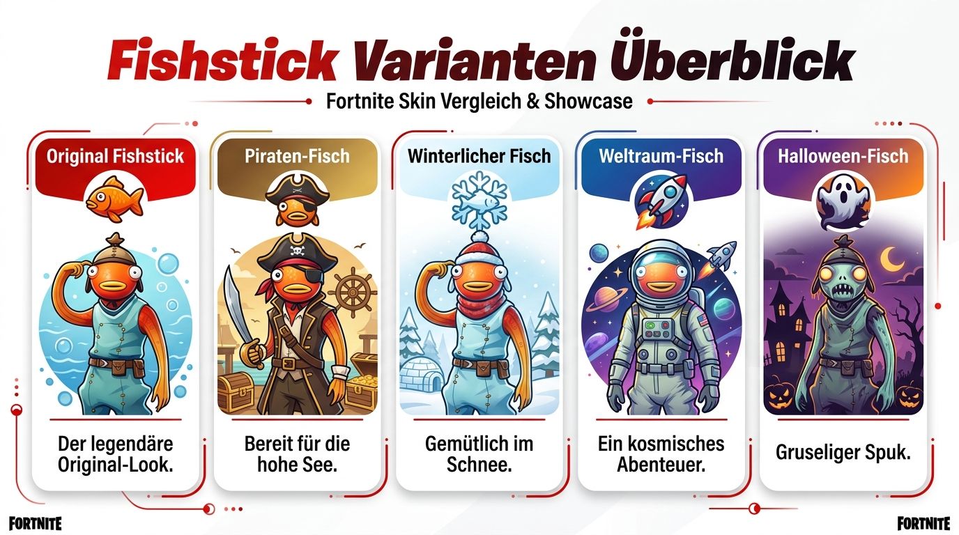 Eine Infografik zeigt fünf verschiedene Varianten des beliebten Fortnite Skin Fishstick mit thematischen Illustrationen und Beschreibungen.