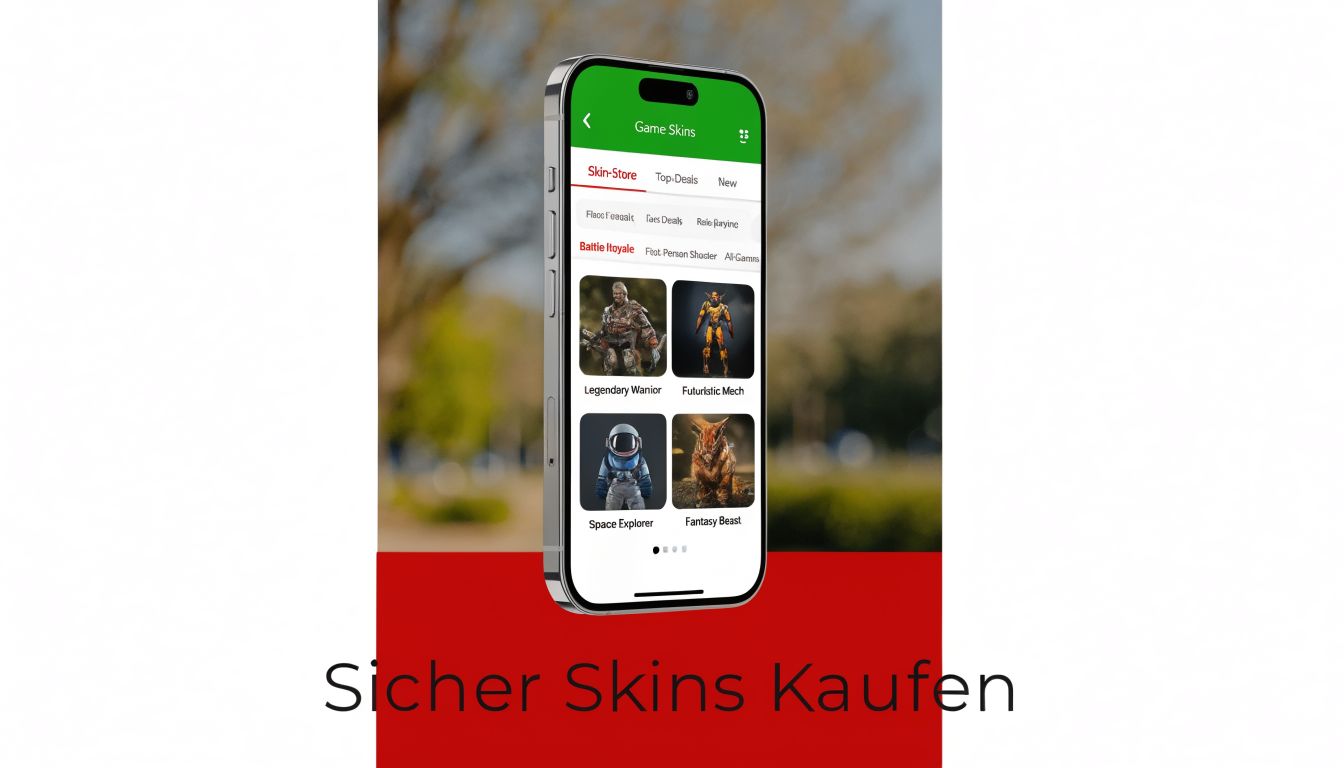 Ein Smartphone zeigt eine App zum sicheren Kauf von digitalen Spiel-Skins mit verschiedenen Charakter-Optionen auf dem Bildschirm.