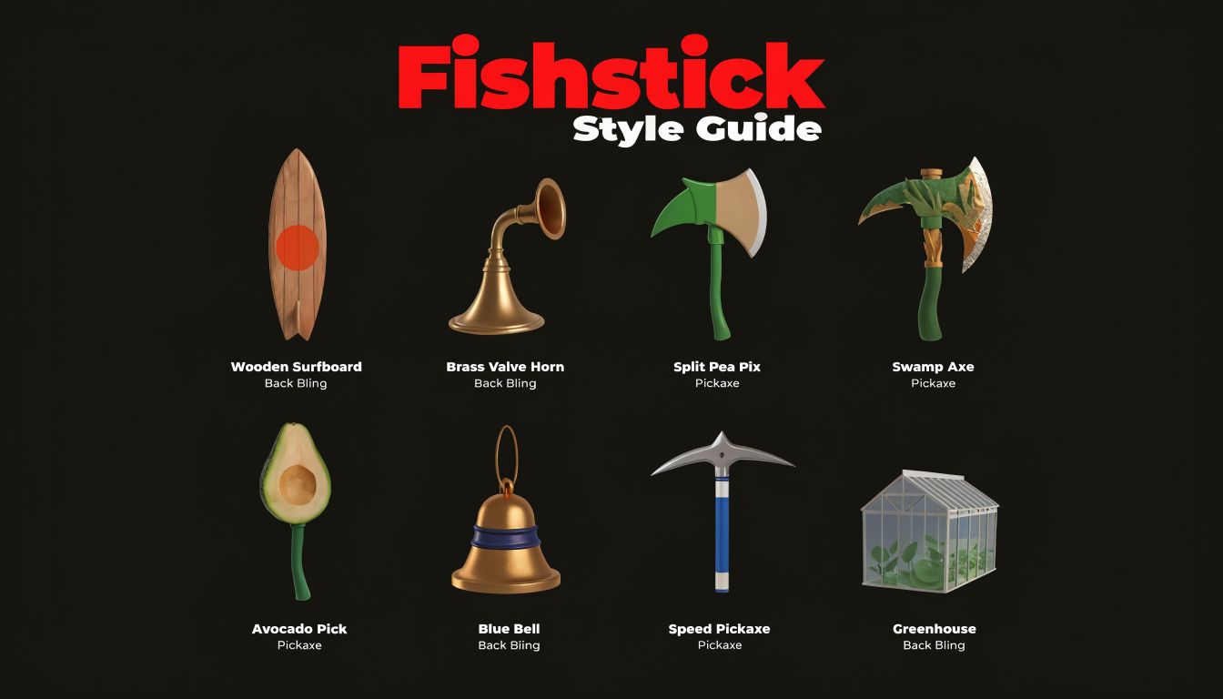 Eine grafische Übersicht von verschiedenen Fishstick Fortnite Accessoires wie Spitzhacken und Rücken-Accessoires auf schwarzem Hintergrund.
