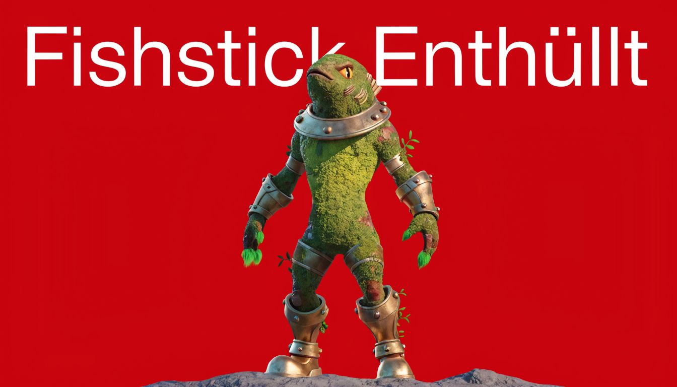 Ein grüner Fortnite-Charakter mit moosbedeckter Haut und metallischen Rüstungsteilen steht vor einem leuchtend roten Hintergrund.