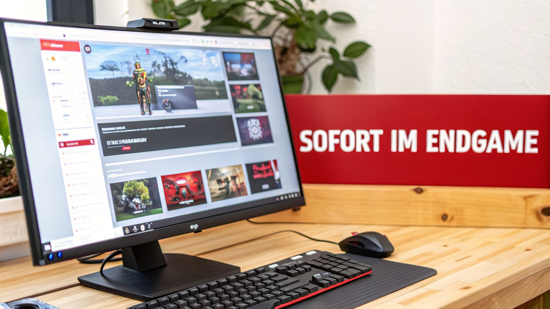 Ein Schreibtisch mit Gaming-Setup, Monitor, Tastatur und Maus. Ein rotes Schild sagt 'SOFORT IM ENDGAME'.