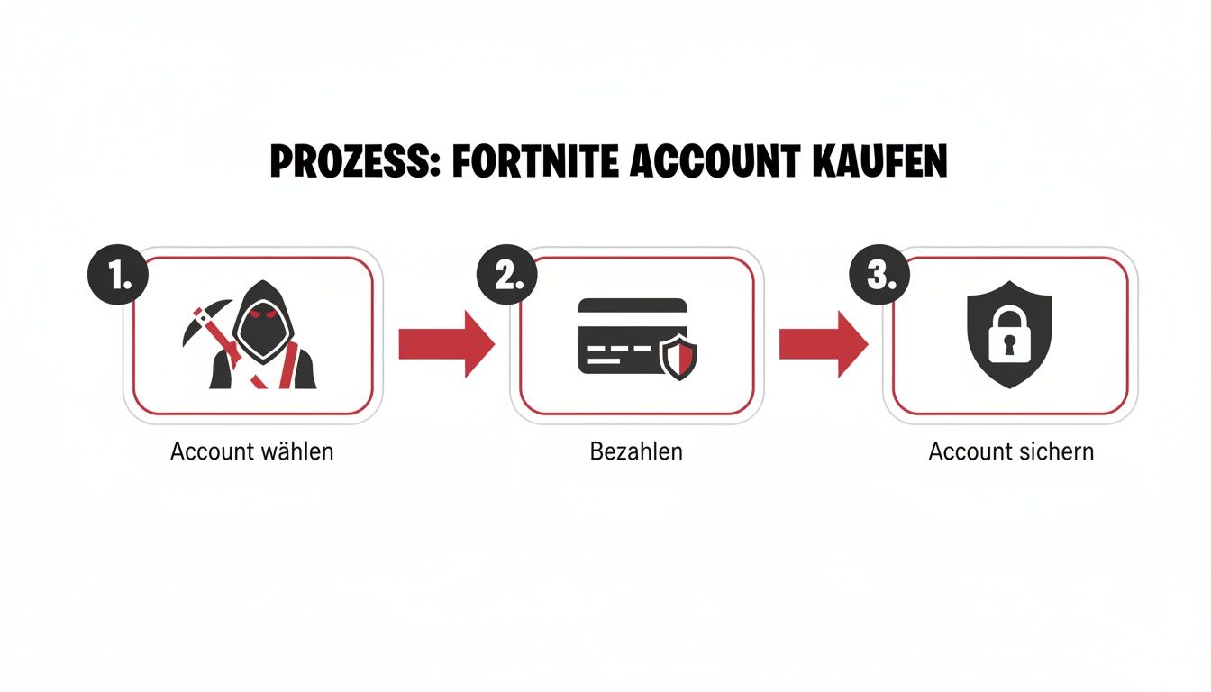 Ein Prozessdiagramm zeigt drei Schritte zum Kauf eines Fortnite-Accounts: Account wählen, bezahlen und sichern.