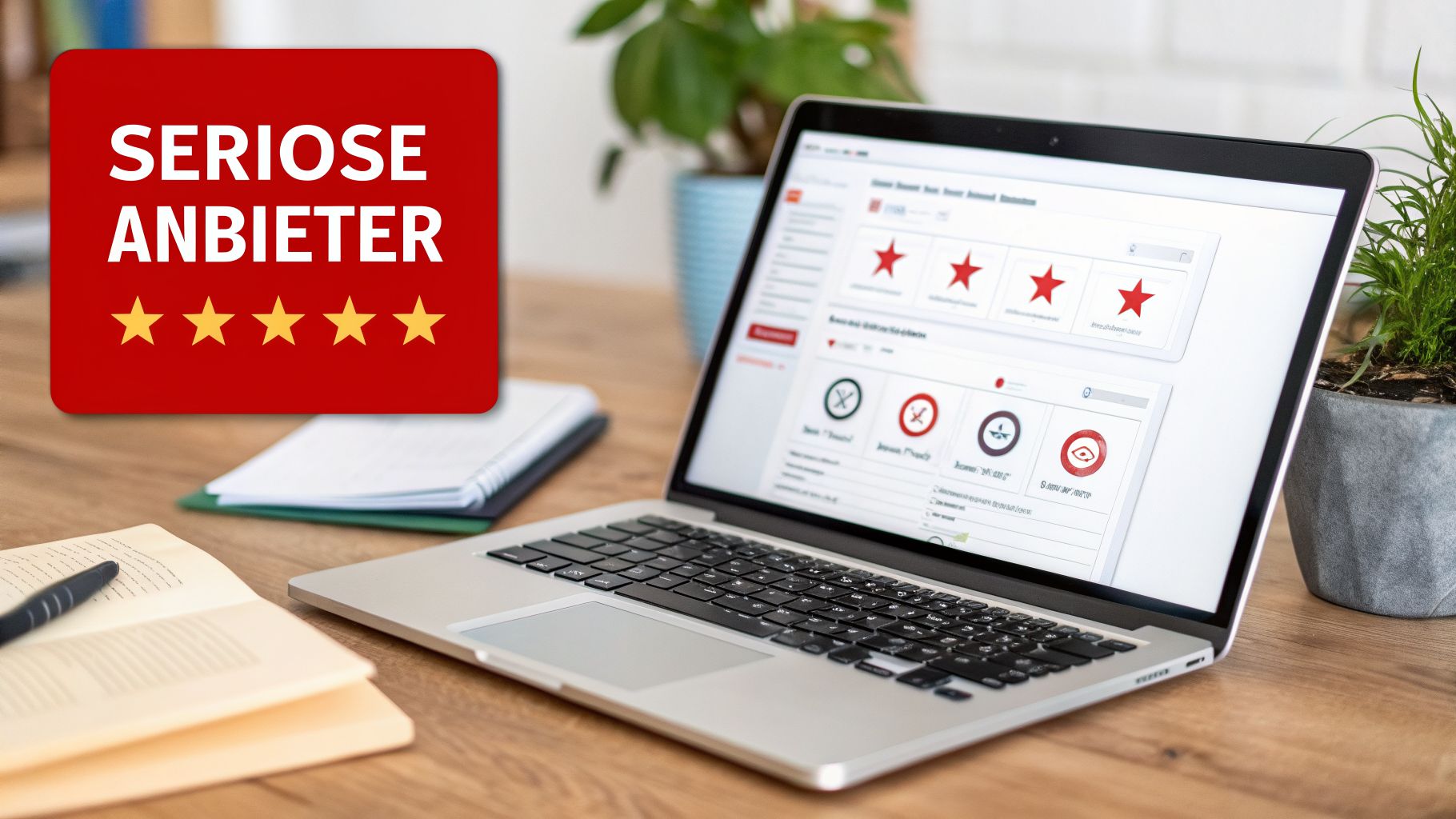 Ein rotes Schild mit fünf goldenen Sternen und dem Text 'SERIÖSE ANBIETER' neben einem Laptop auf einem Schreibtisch.