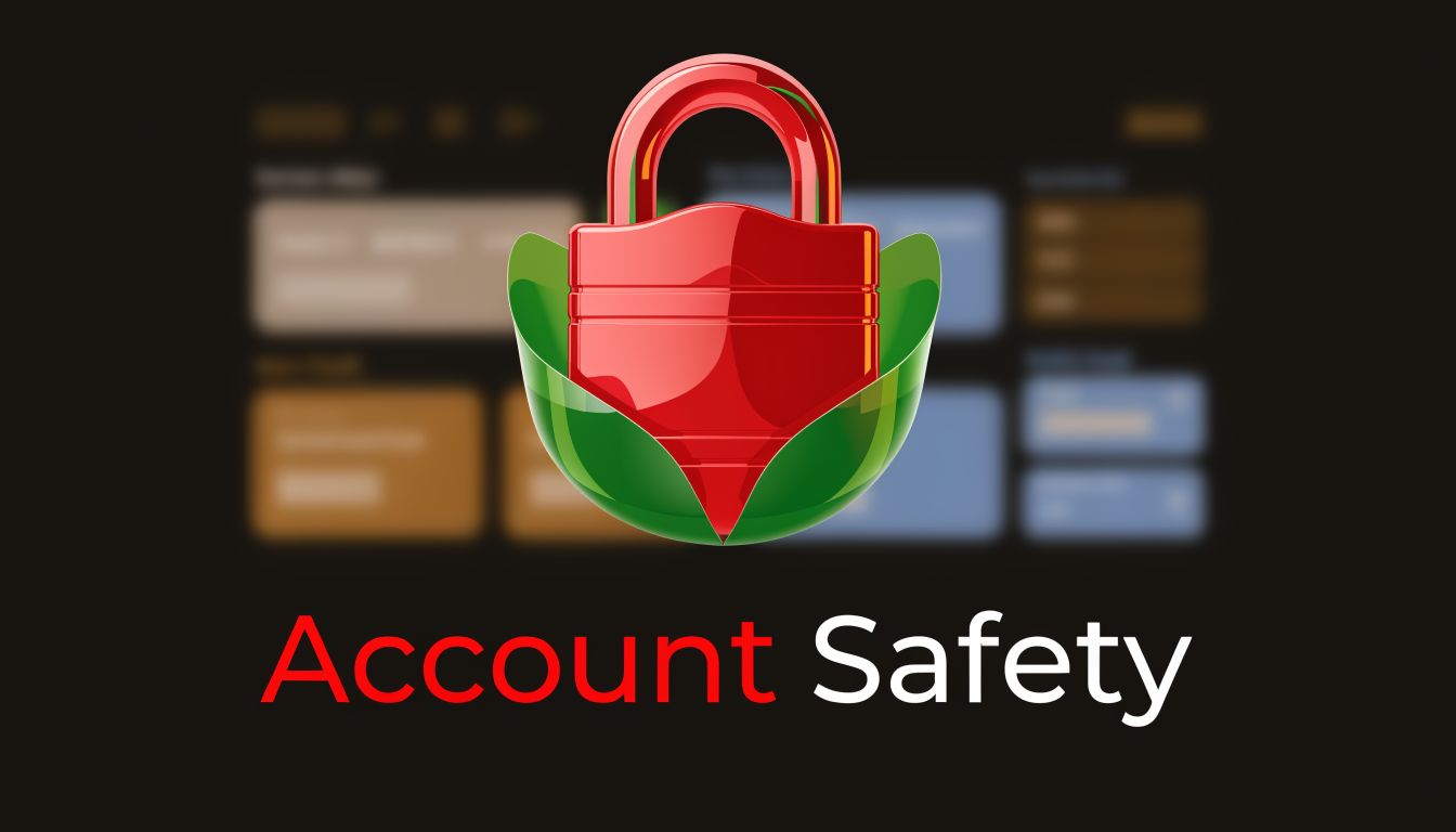 Ein glänzendes rotes Schloss-Symbol umgeben von grünen Blättern vor einem verschwommenen digitalen Dashboard für Account-Sicherheit.