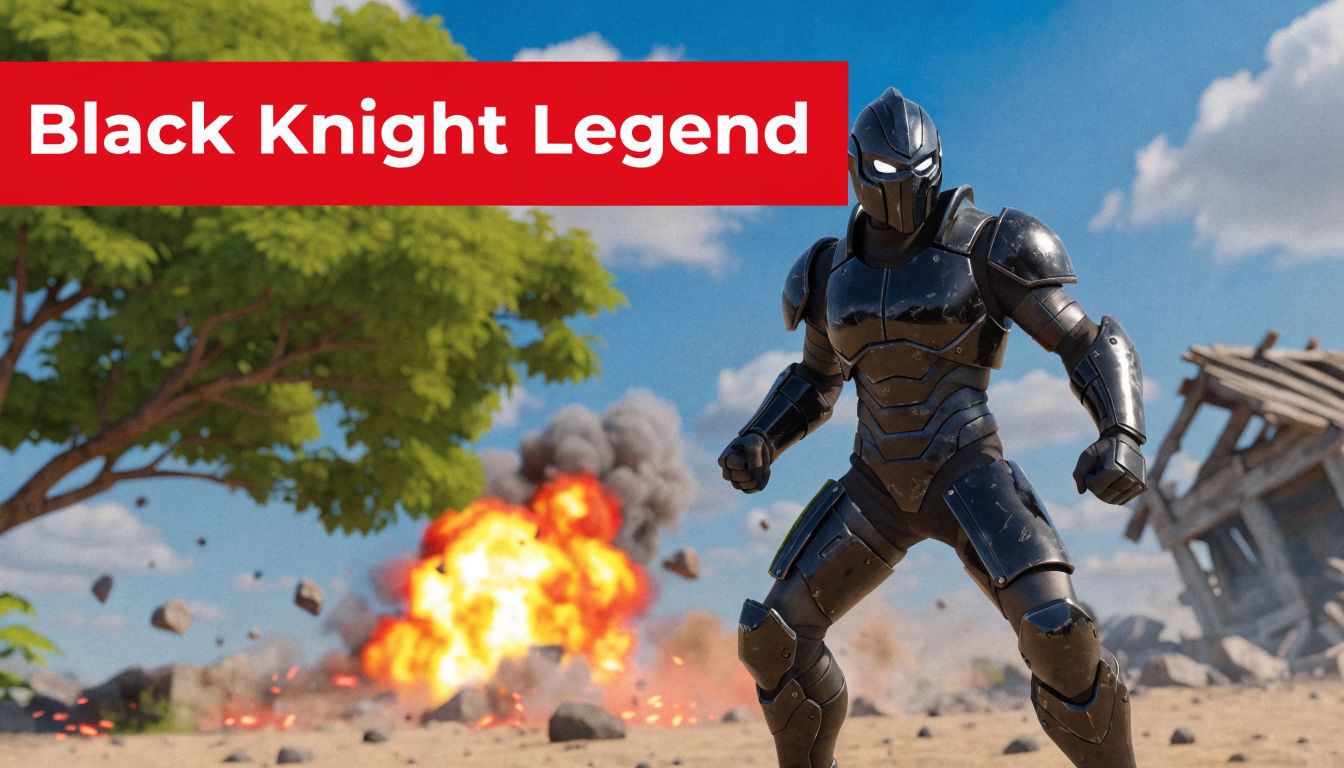 Ein schwarzer Ritter im futuristischen Rüstungsdesign steht vor einer Explosion in einer Gaming-Landschaft mit einem Baum.