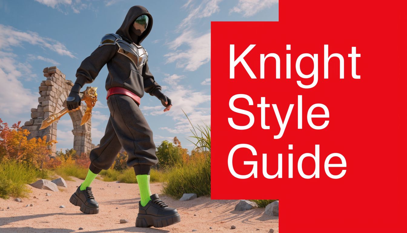 Ein moderner Charakter im Black Knight Style mit Kapuzenpullover und goldener Waffe in einer sonnigen Landschaft.