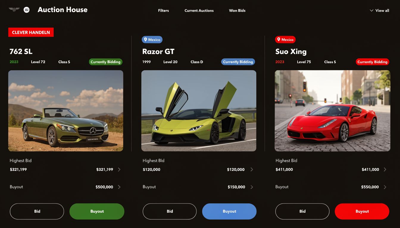 Auktionshaus-Oberfläche in Forza Horizon 5 mit verschiedenen Sportwagen, Geboten und Sofortkauf-Optionen für Spieler.