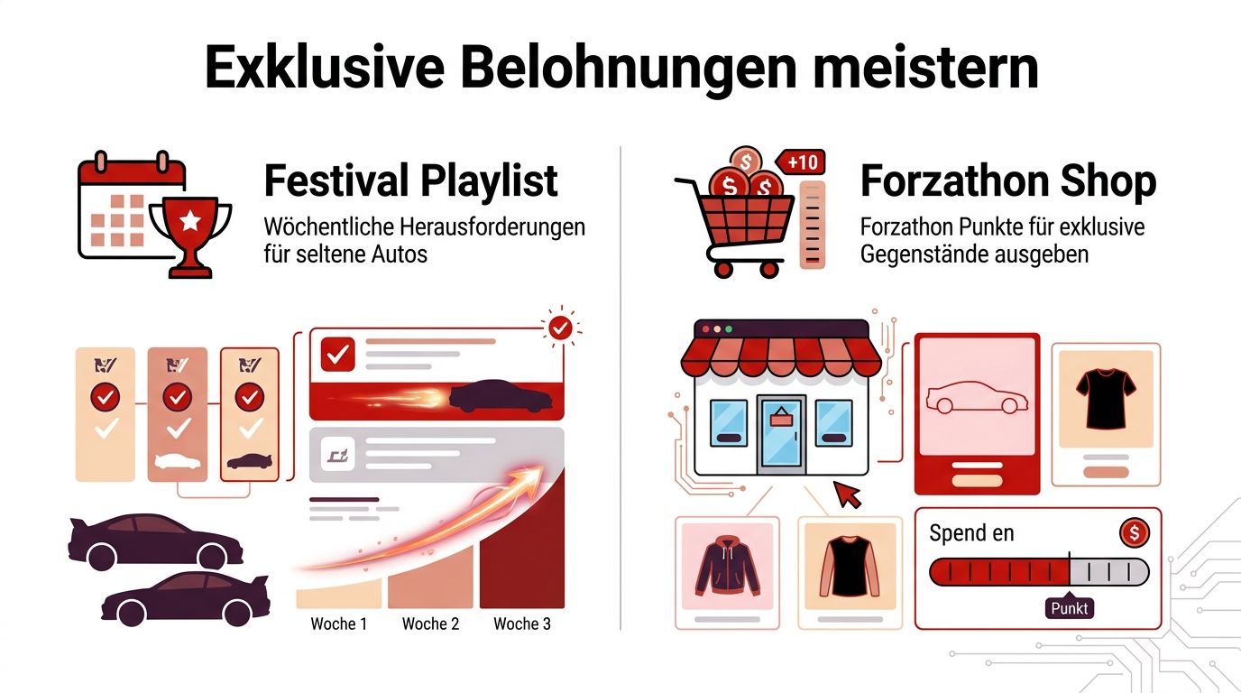 Infografik zeigt Möglichkeiten, exklusive Autos und Belohnungen in Forza Horizon 5 freizuschalten durch Herausforderungen und den Shop.