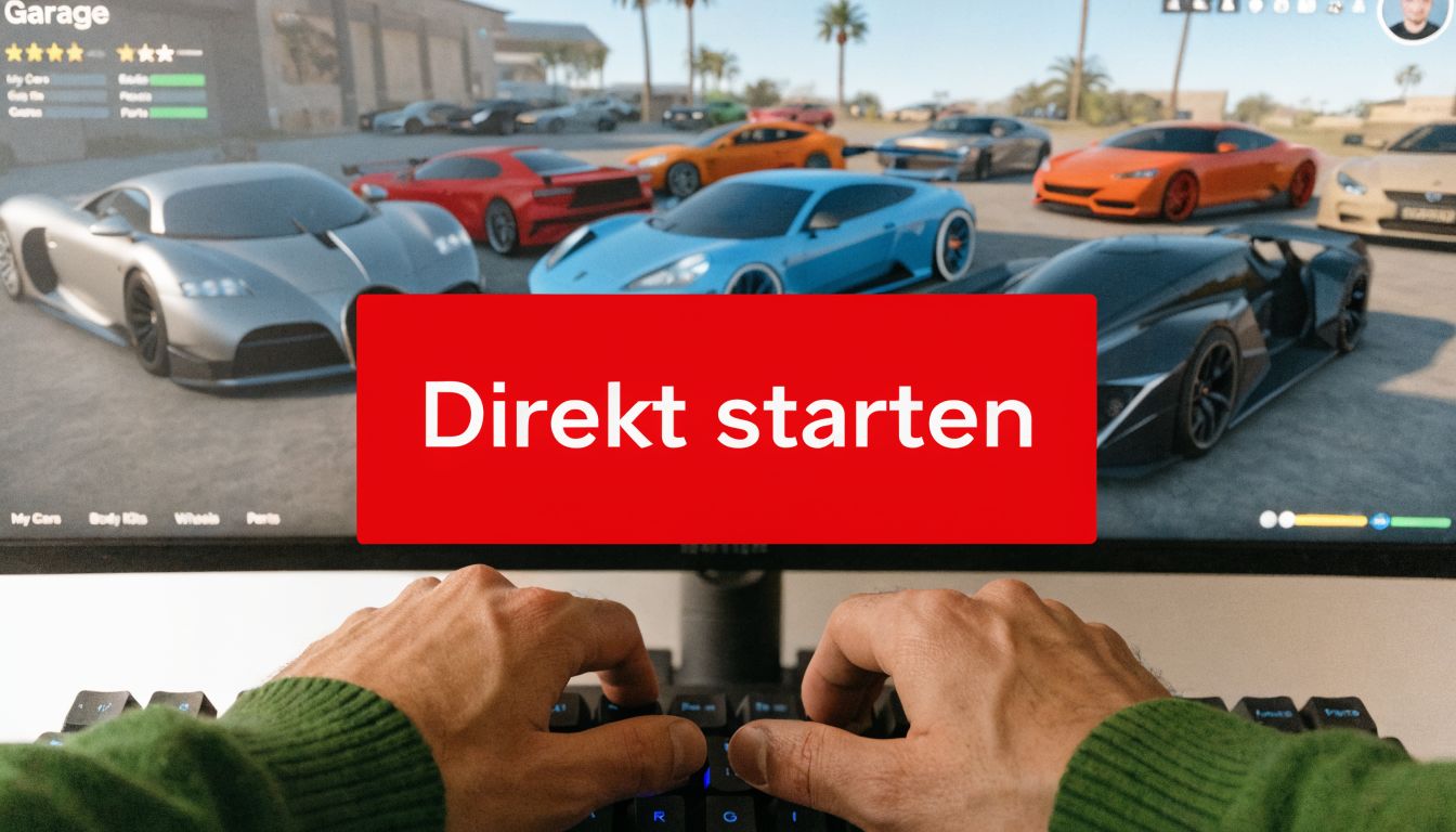Ein Spieler tippt vor einem Bildschirm mit einer Spielgarage voller Luxus-Sportwagen in einer Rennsimulation.