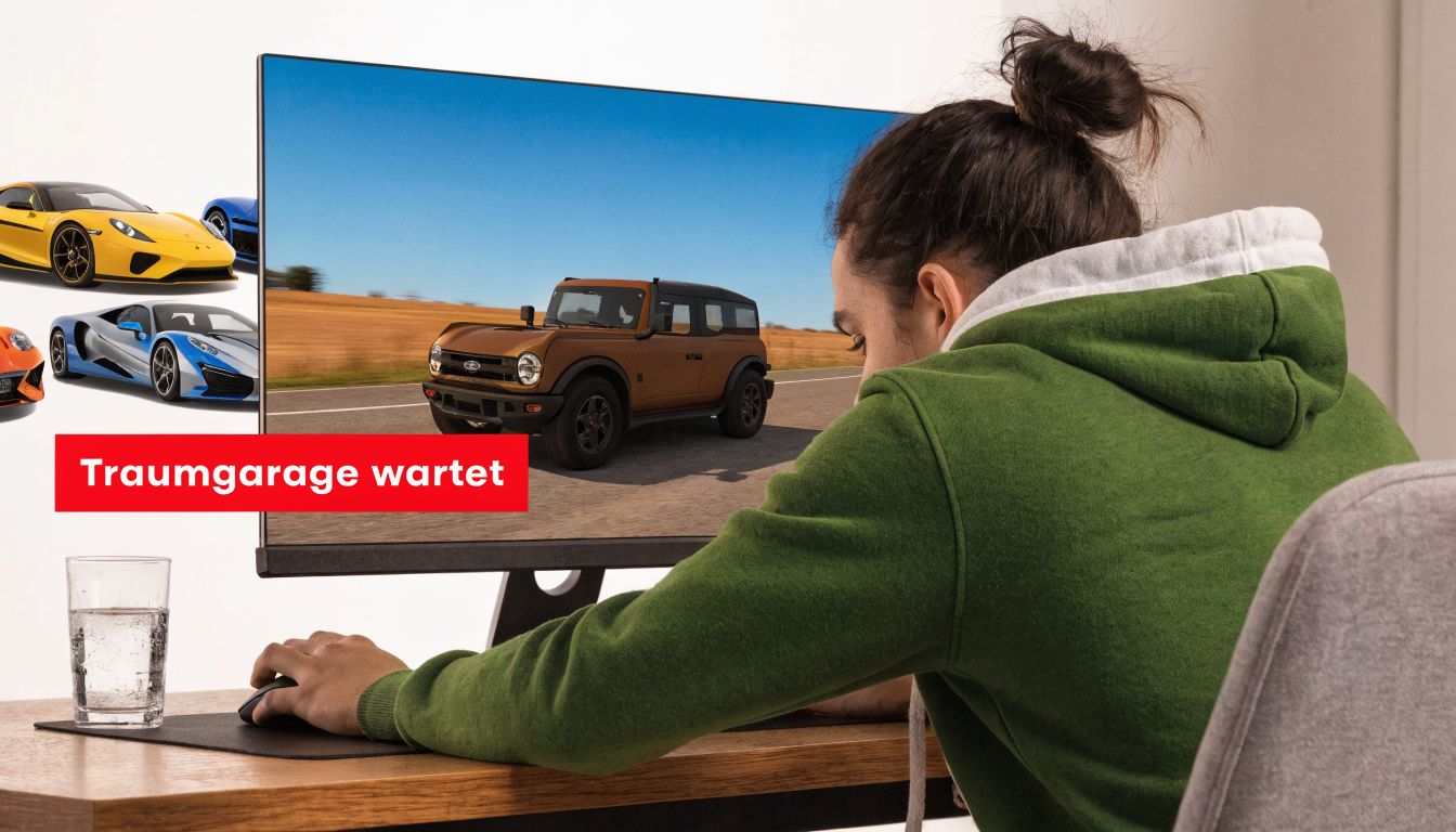 Ein Mann sitzt vor einem Computerbildschirm, auf dem das Videospiel Forza Horizon 5 mit verschiedenen Fahrzeugen angezeigt wird.
