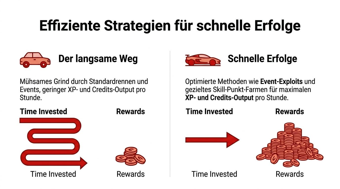 Vergleich zwischen langsamen Standardrennen und schnellen Strategien für maximale Credits und XP in Forza Horizon.