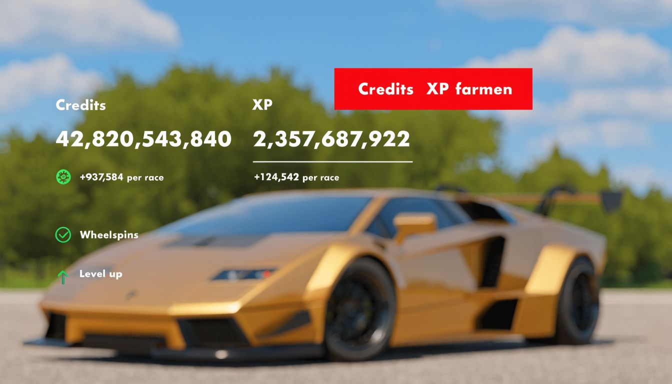 Ein goldener Lamborghini vor einem grünen Hintergrund mit Spielstatistiken wie Credits und XP für Forza Horizon 5.
