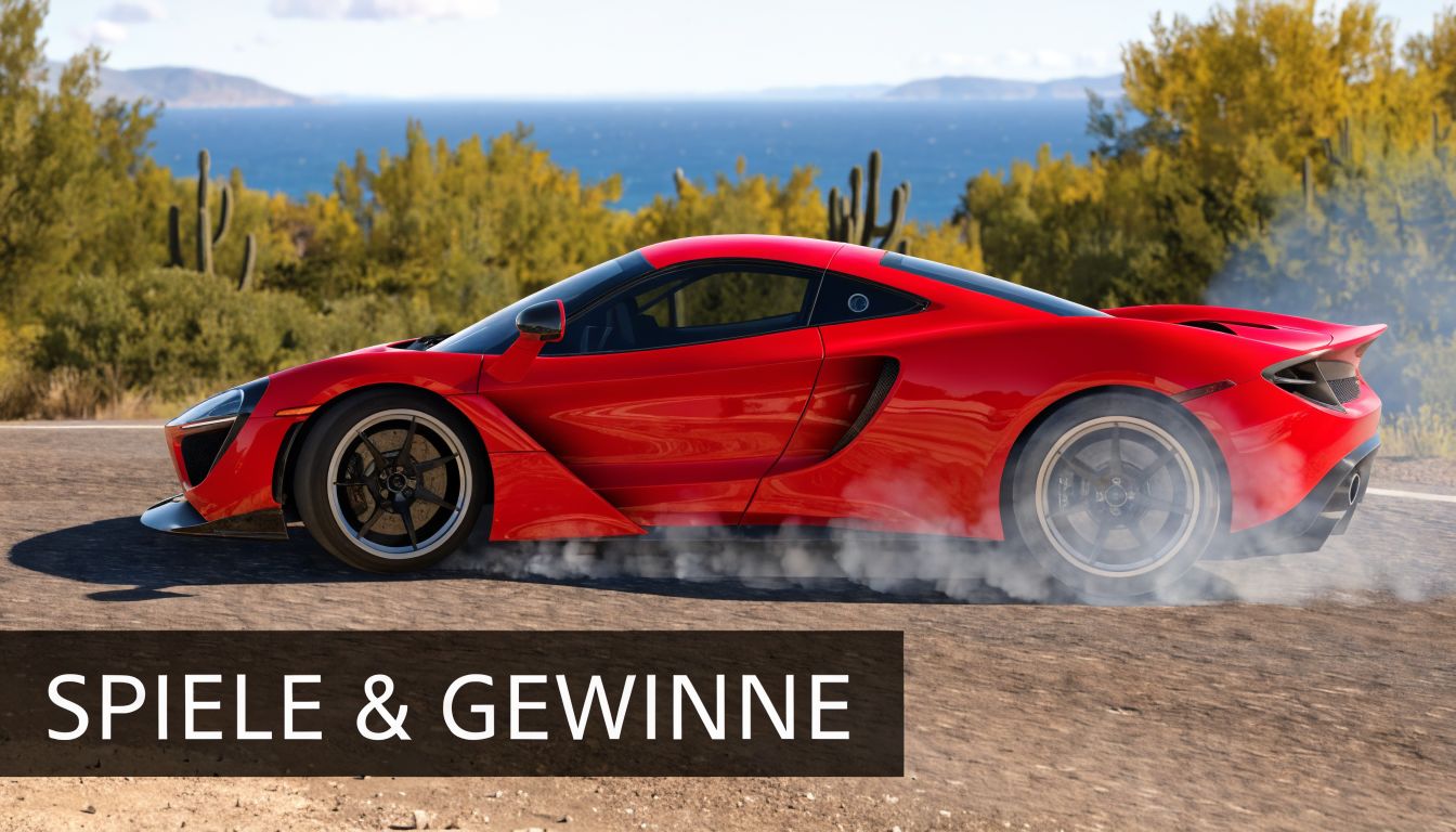 Ein roter Sportwagen driftet auf einer staubigen Straße vor einem sonnigen Hintergrund in Forza Horizon 5.