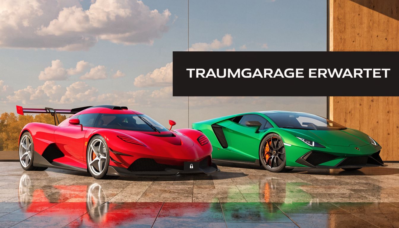Ein roter Koenigsegg Jesko und ein grüner Lamborghini in einer modernen, lichtdurchfluteten Garage mit Wolkenhimmel im Hintergrund.