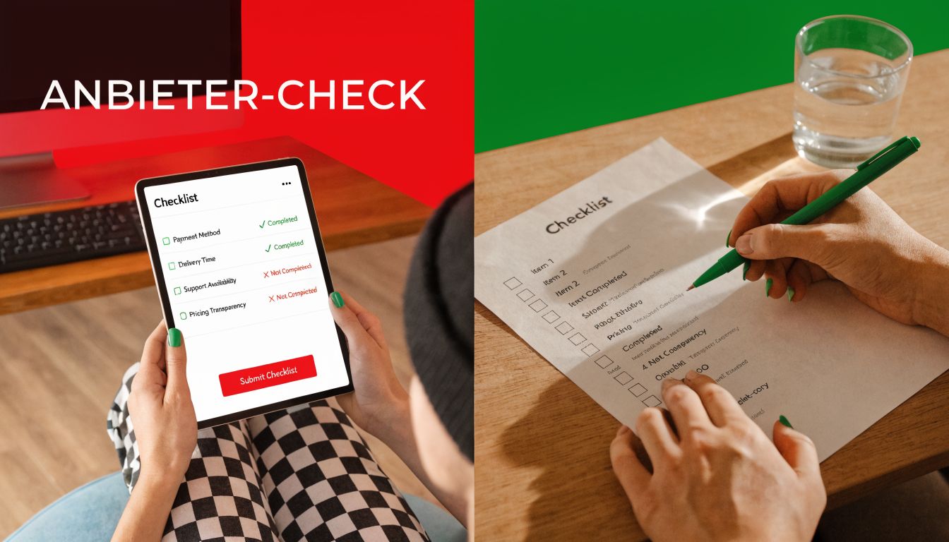 Eine Person überprüft Anbieter-Check-Listen auf einem Tablet und auf Papier mit einem Stift für den Vergleich.