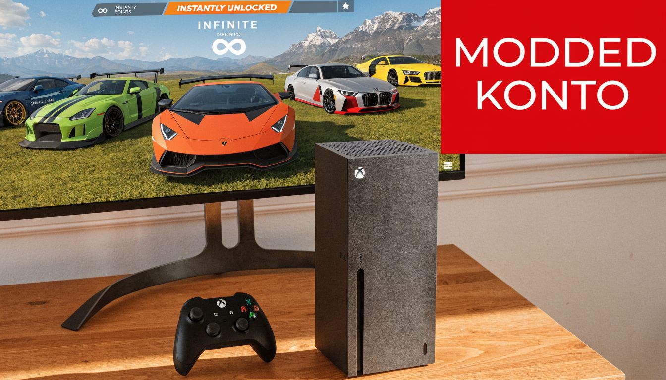 Eine Xbox Series X Konsole mit Controller vor einem Bildschirm, der das Videospiel Forza Horizon 5 zeigt.