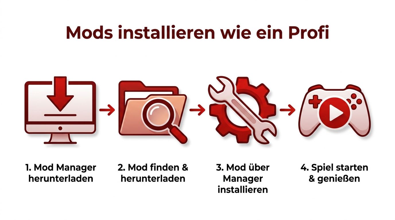 Eine Schritt-für-Schritt-Anleitung mit vier Phasen zur professionellen Installation von Modifikationen für Videospiele.