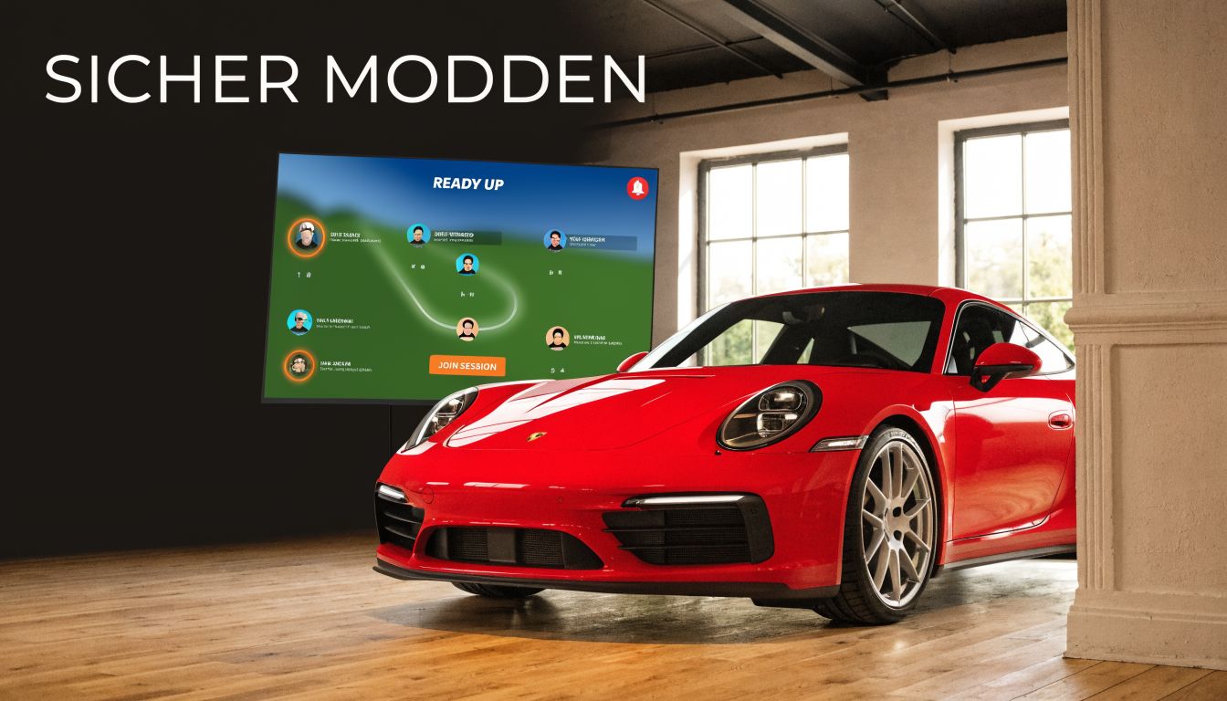 Ein roter Sportwagen in einem Studio neben einem Bildschirm mit einer Forza Horizon 5 Mod Oberfläche.