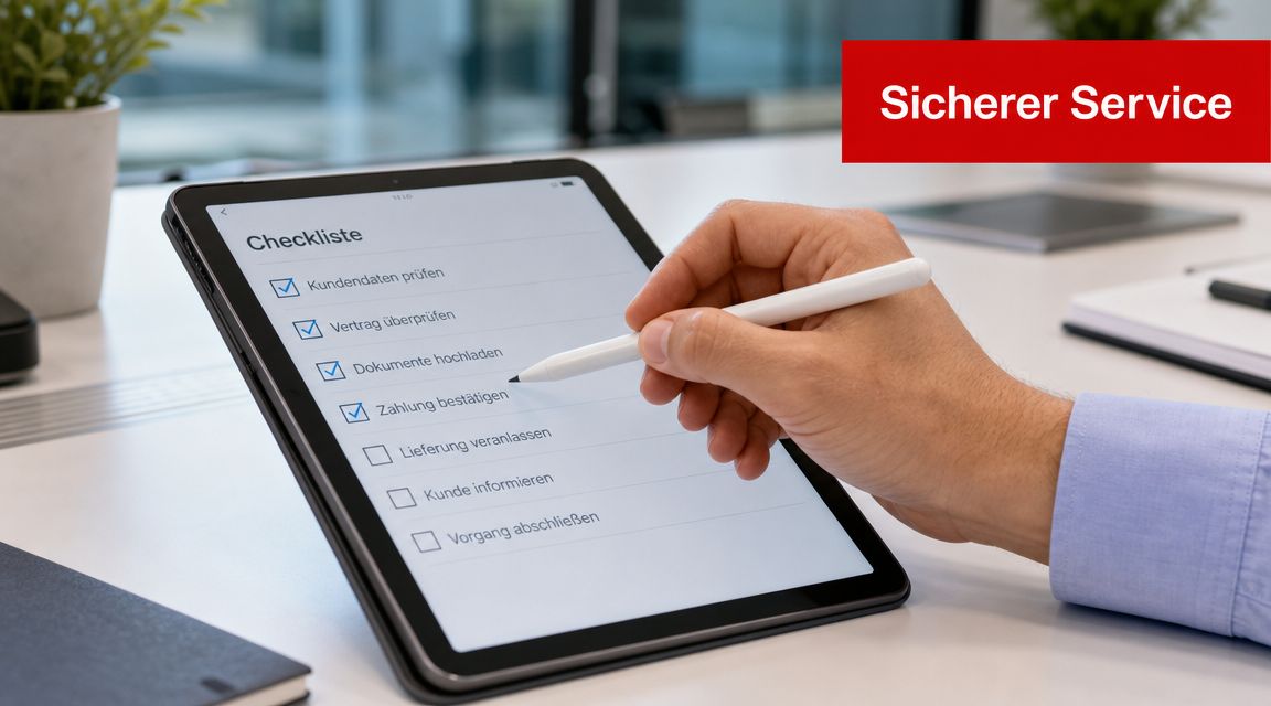 Eine Person nutzt einen digitalen Stift auf einem Tablet, um eine digitale Checkliste für Kundenprozesse zu bearbeiten.