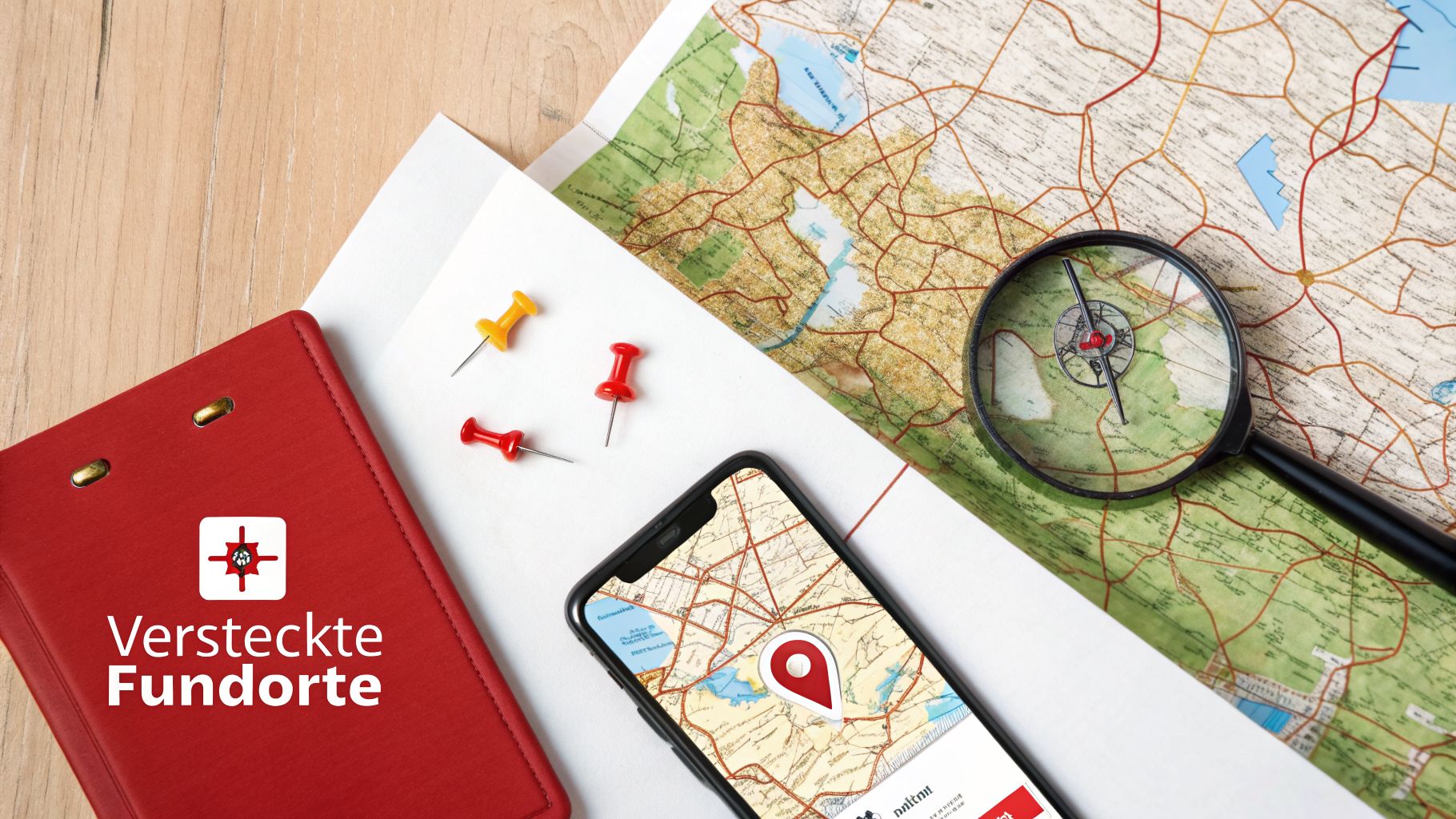 Eine Landkarte, Lupe mit Kompass, Smartphone und ein Ordner 'Versteckte Fundorte' auf einem Tisch.