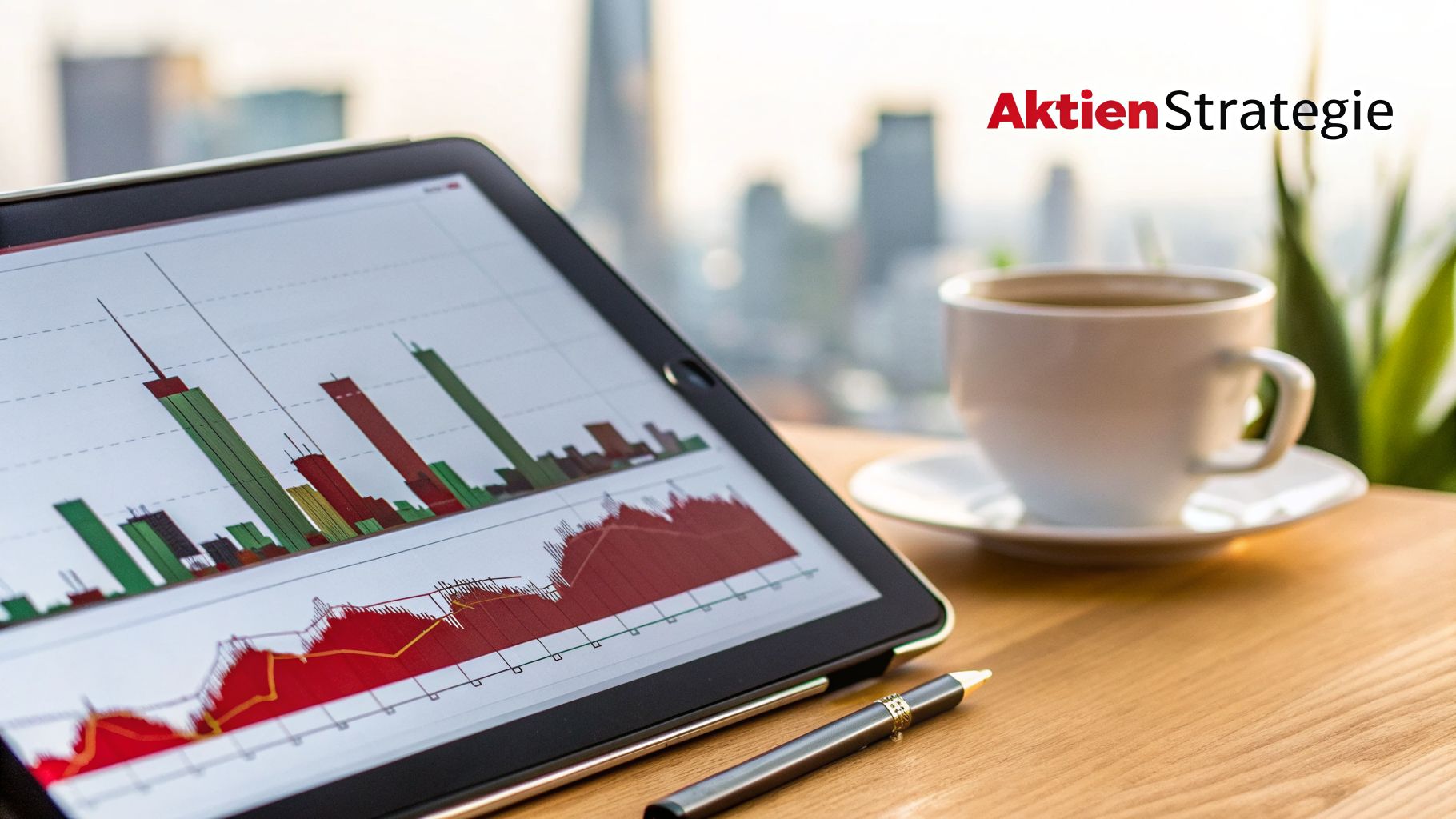 Tablet mit detaillierten Aktiencharts und Finanzdaten, eine Kaffeetasse und ein Stift auf einem Holztisch.