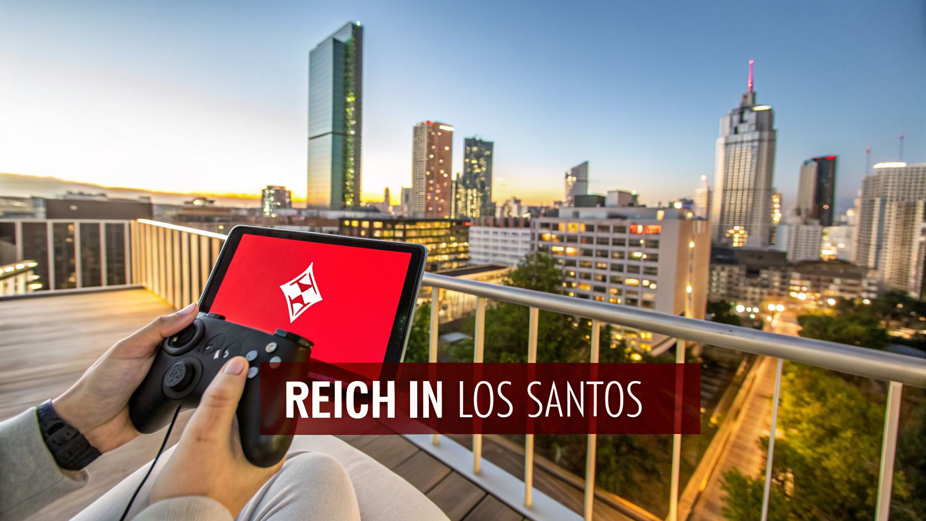 Eine Person spielt auf einem Tablet mit Controller auf einem Balkon mit Blick auf eine Stadt bei Sonnenuntergang. Der Bildschirm zeigt ein rotes Logo.