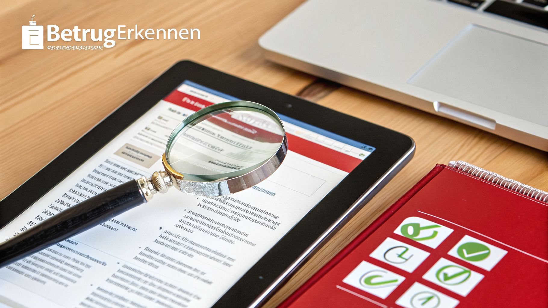 Ein Vergrößerungsglas liegt auf einem Tablet, das Text anzeigt, neben einem Laptop und einem roten Notizbuch. Betrugserkennung.