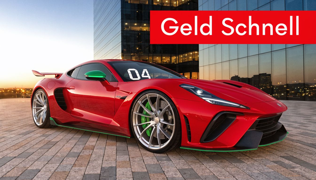 Ein roter Sportwagen steht auf einem gepflasterten Platz vor einem modernen Bürogebäude bei Sonnenuntergang.